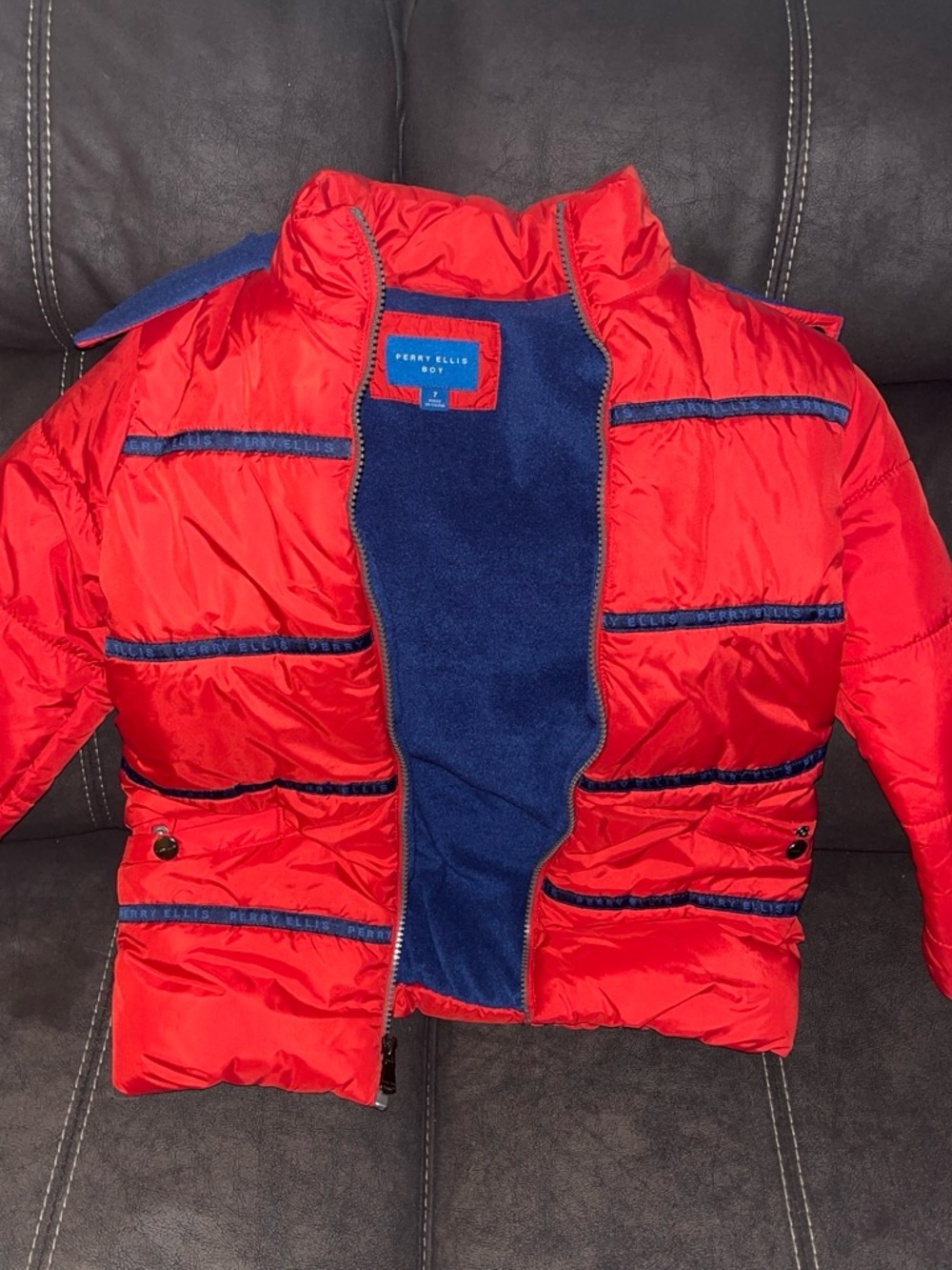 Perry Ellis Red Kids Puffer Jacket with Navy Fleece Lining